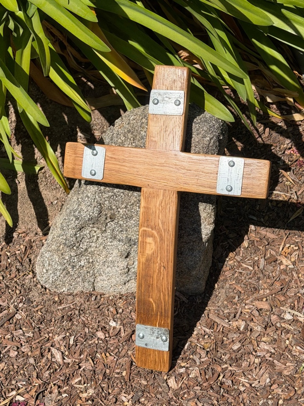 Rustic Wooden Cross with Metal Brackets - Brown